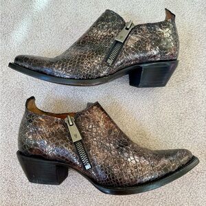 Frye Zipper Ankle Moto Boots in Croc Snakeskin Leather